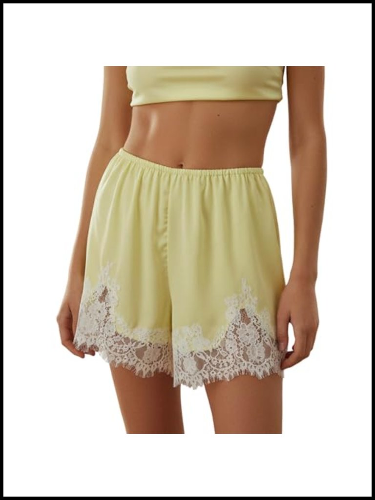 Silky Satin Lace Trim Pajama Shorts High Rise Loose Fit Mini Boxer